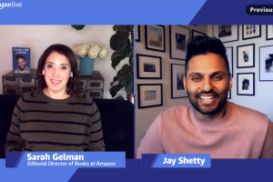 A split-screen image showing a screenshot from the Amazon Live video where Sarah Gelman interviewed Jay Shetty. You can see Sarah's image on the left of the screen with Jay's book "Think Like a Monk" in the background, and Jay Shetty's image on the right.