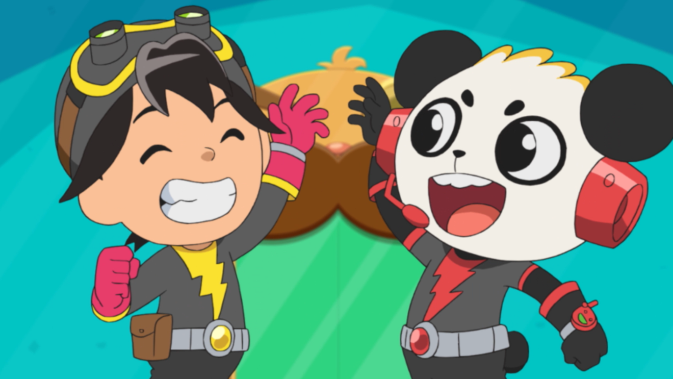 两个卡通人物微笑着互相击掌的插图。