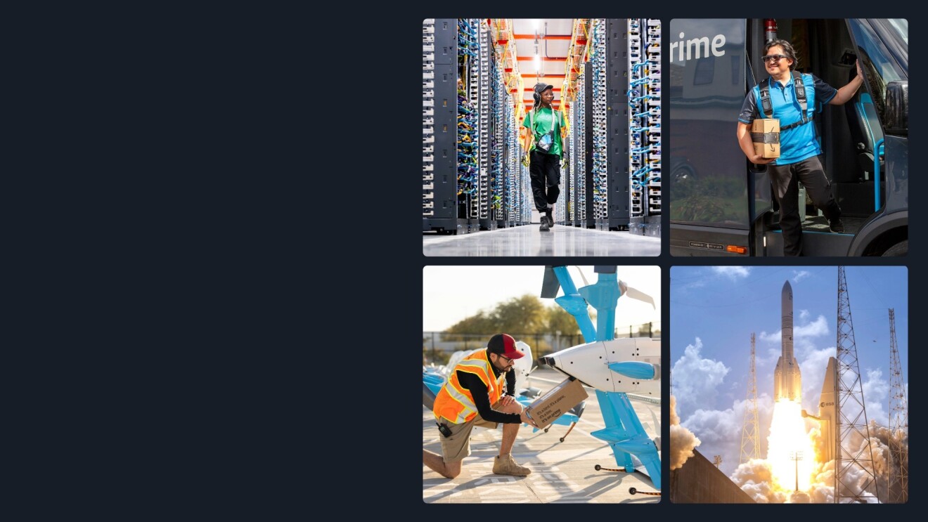 Collage of Amazon Leo, Data Center, Amazon deliver driver, Prime Air