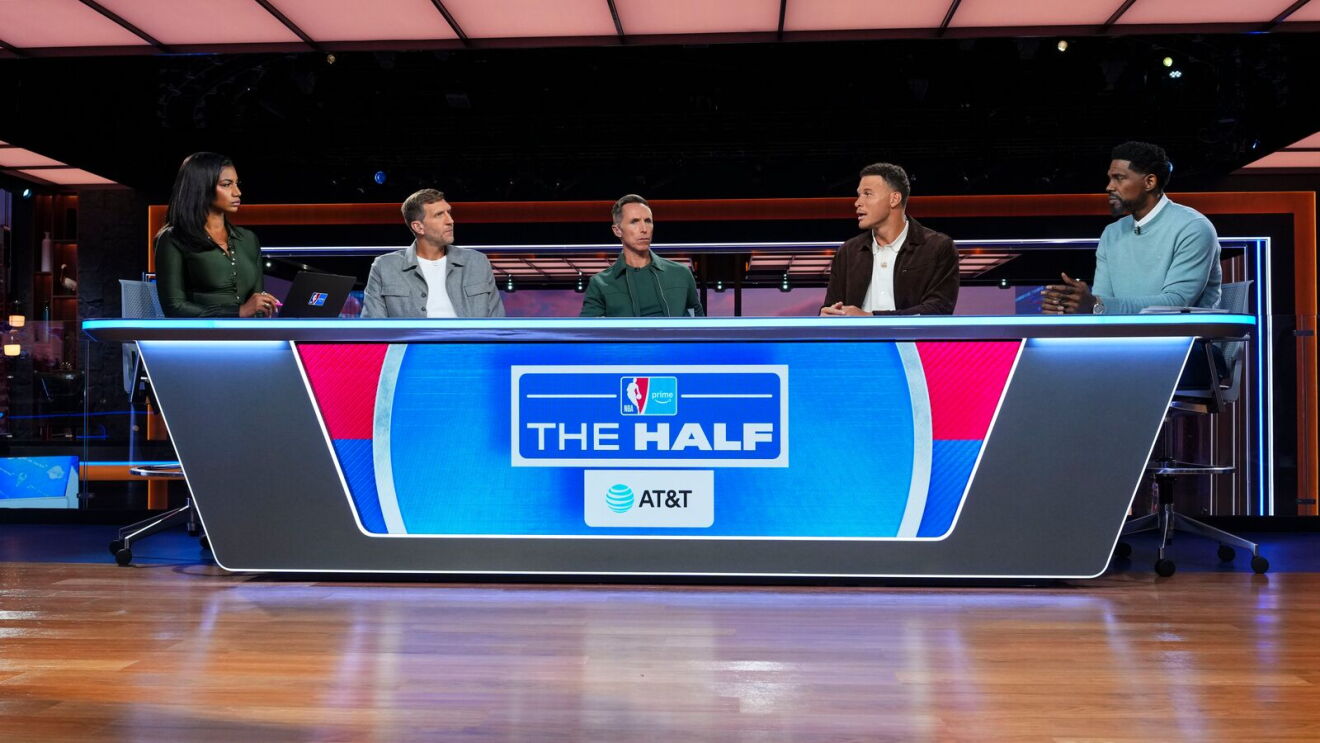Taylor Rooks,Dirk Nowitzki, Steve Nash, Blake Griffin, and Udonis Haslem on set of NBA on Prime halftime show.