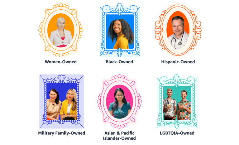 An image with various photos of Amazon sellers in frames. They are labeled: Women-owned, Black-owned, Hispanic-owned, Military family-owned, Asian & Pacific Islander-owned, and LGBTQUIA-owned. 