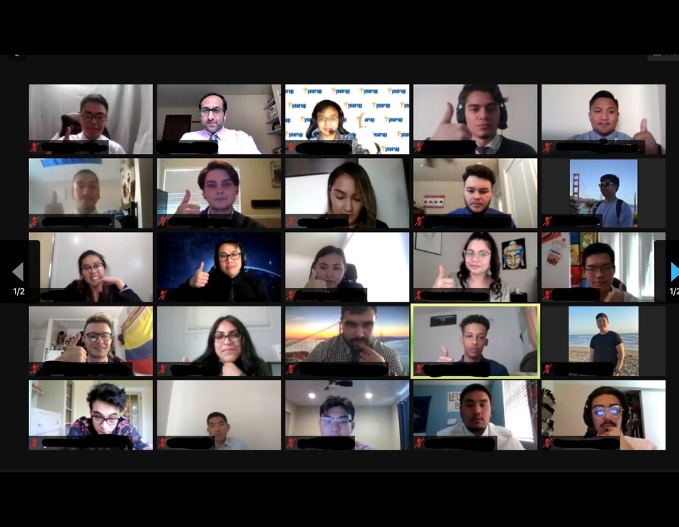 A video conference call, showing more than two dozen individuals participating in AWS re/Start cloud education. 