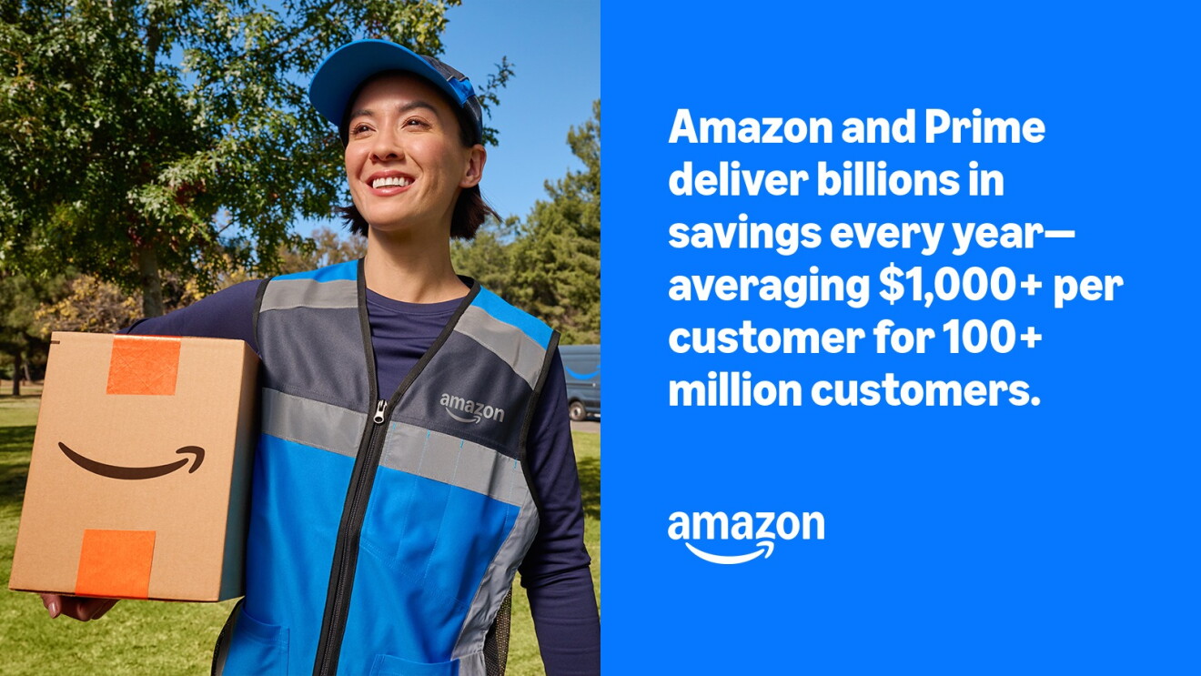 Amazon delivery associate smiling while holding a package, with text highlighting Amazon and Prime savings for customers