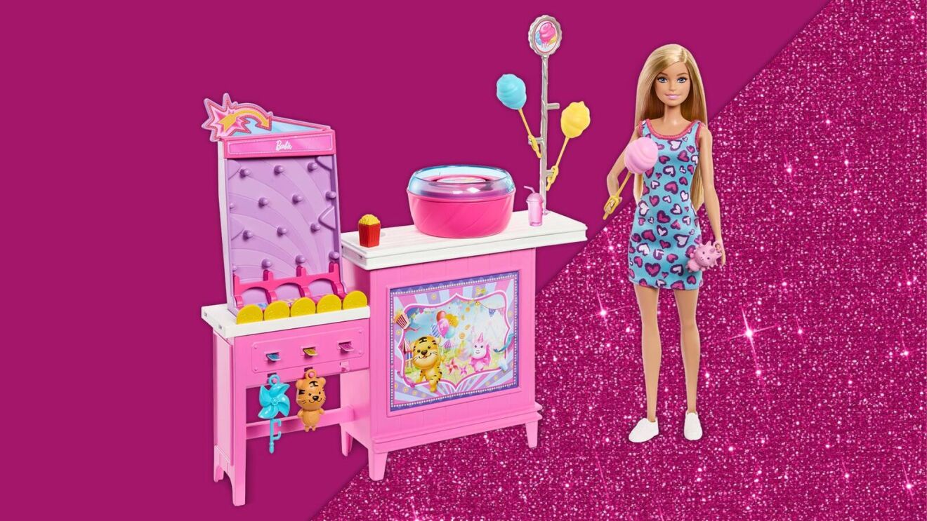 Barbie doll with cotton candy playset on vibrant pink background
