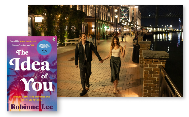 A still from 'The Idea of You' on Prime Video, showing the lead characters walking hand-in-hand down a riverside, with the original book's cover overlaid
