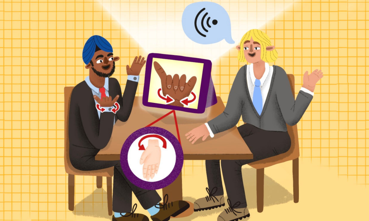 An illustration of two people learning BSL with a screen inbetween them. 