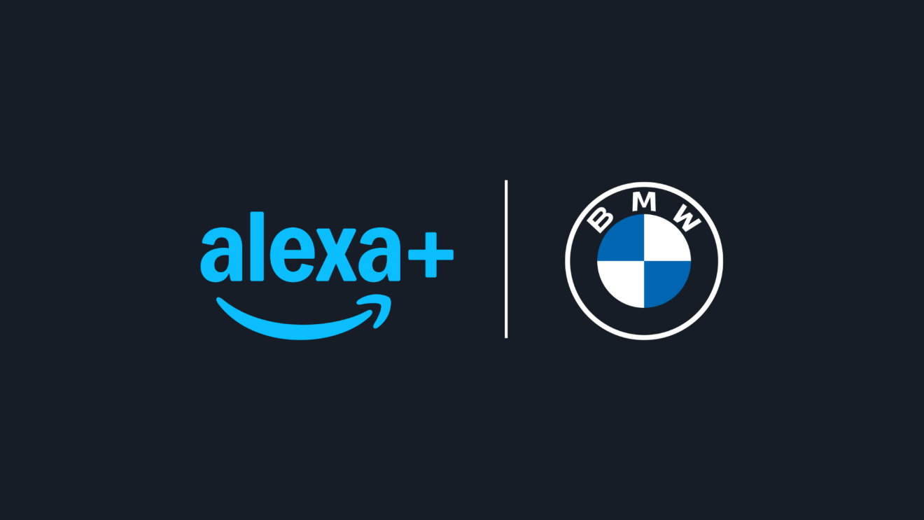 Alexa+ and BMW logos side by side on dark background

