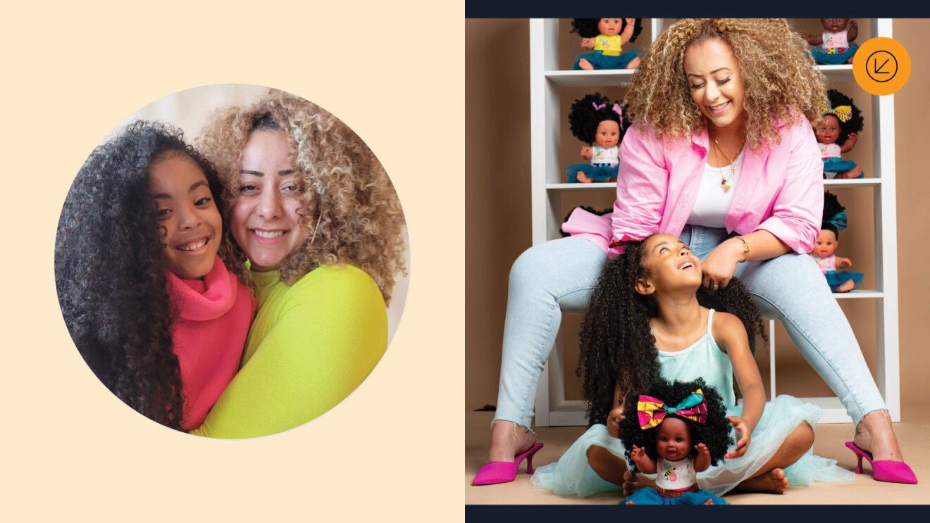 A split image with the owner of Orjin Bees smiling with her daughter on the left and on the right, she sits on a chair while she does her daughter's hair who is sitting on the floor.