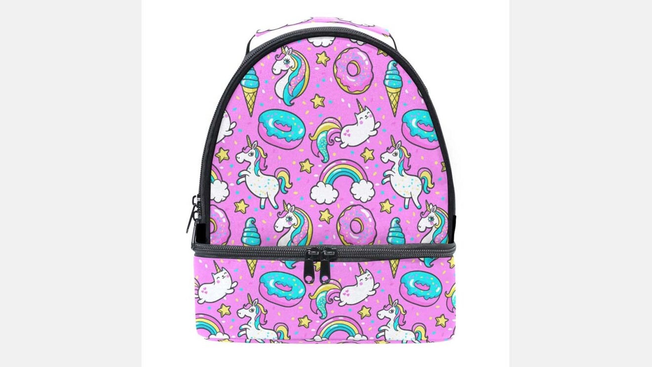 Image of pink Naanle lunch box with donuts, cats, and unicorns.