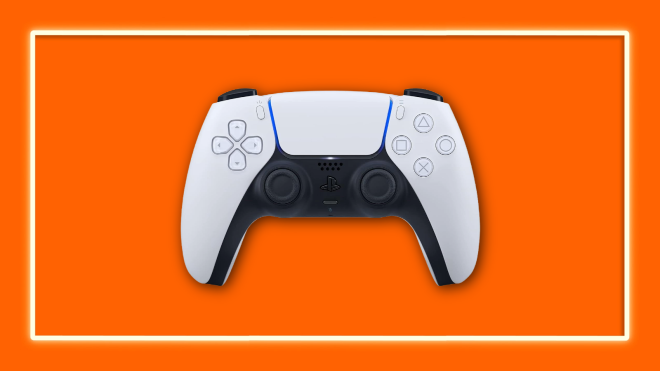 PlayStation 5 DualSense controller on vibrant orange background
