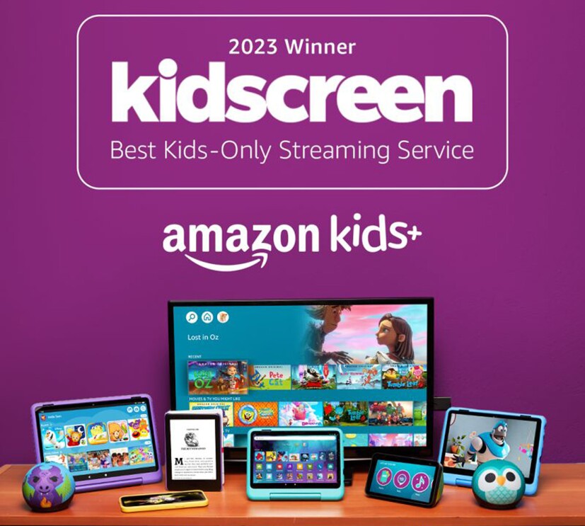 A card of Amazon Kids+ Kidscreen award that reads "2023 winner, Kidscreen, Best Kids-Only Streaming Service." 