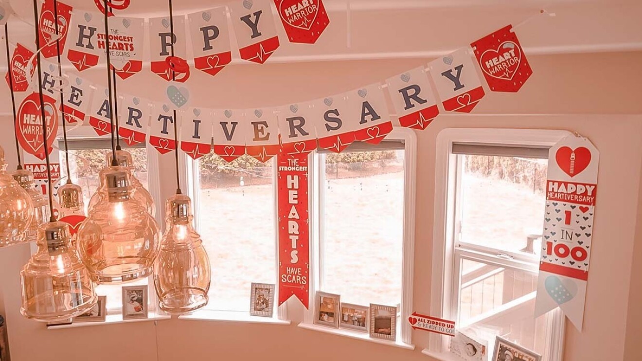 Party decorations for a "heartiversary" party.