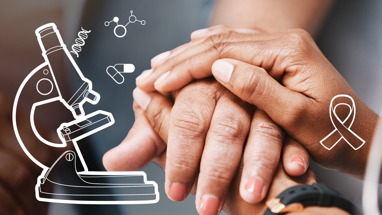 A close up of two hands holding each other with an illustration of a microscope to depict Amazon cancer benefits offered to employees. 