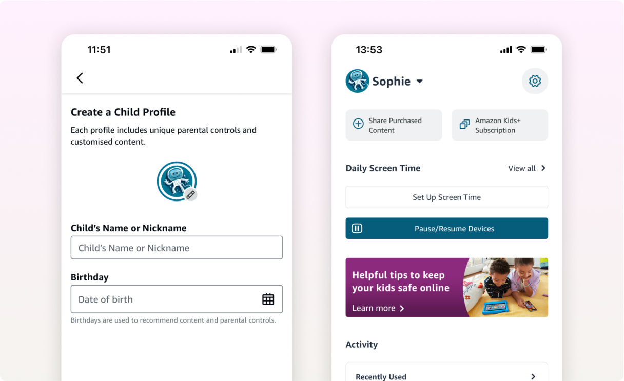 Parental control app interface for creating child profiles and managing screen time