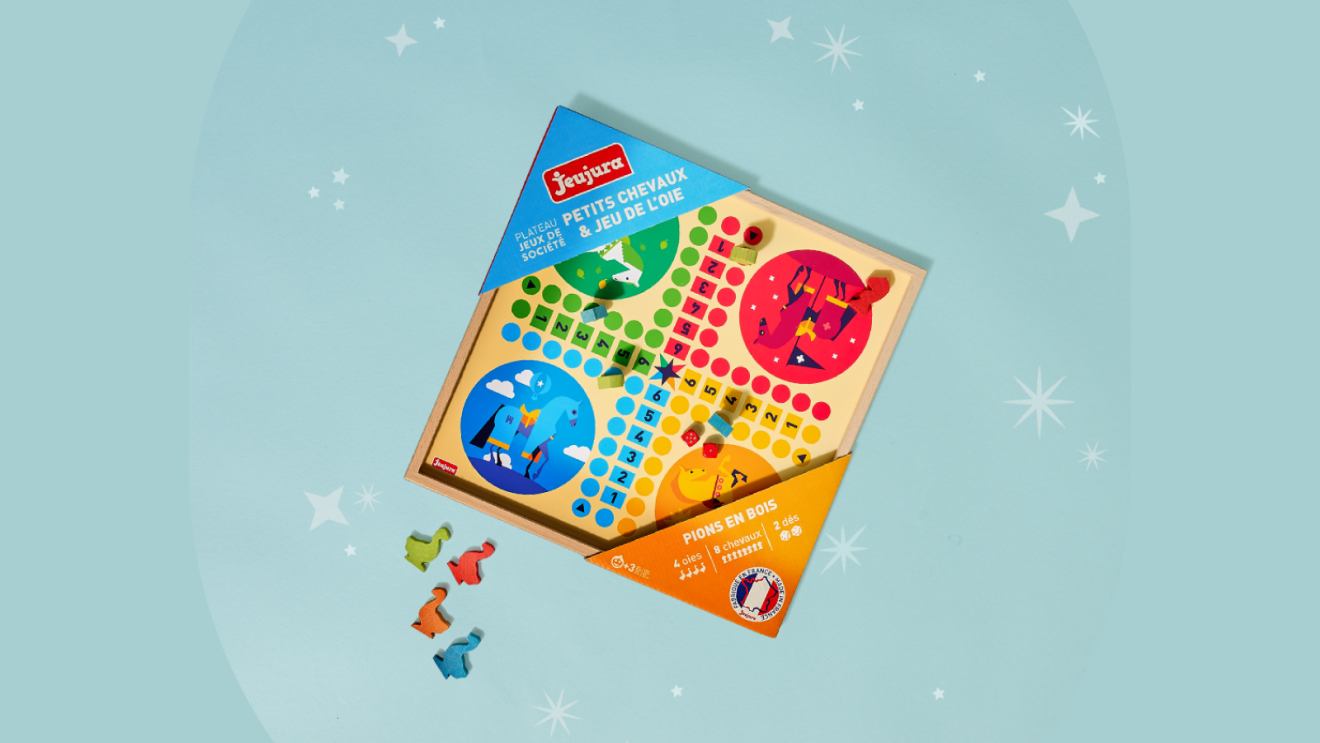 Jeu de société français pour enfants 'Petits Chevaux & Jeu de l'Oie' par Jeujura, aux couleurs vives