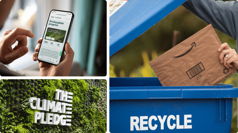 Photo collage of person recycling packaging, person browsing phone, and The Climate Pledge logo