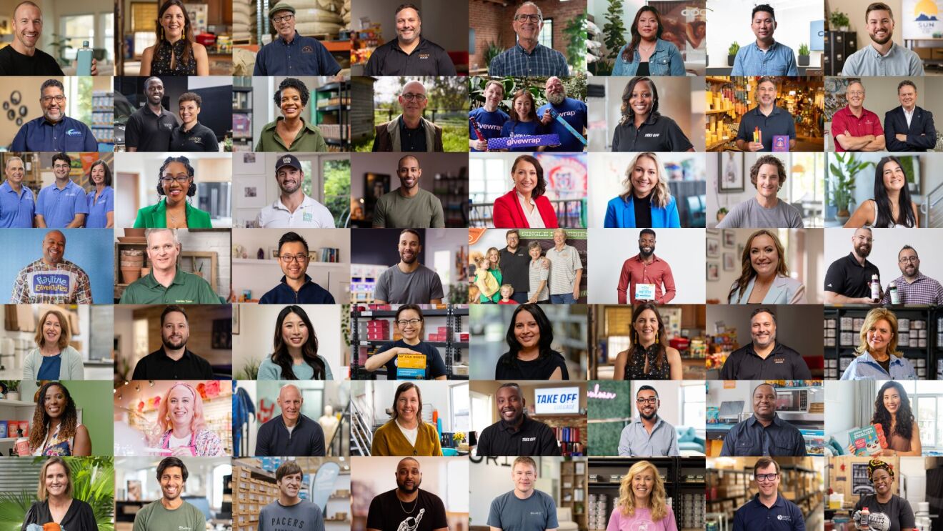 Diverse group of smiling professionals in various work settings