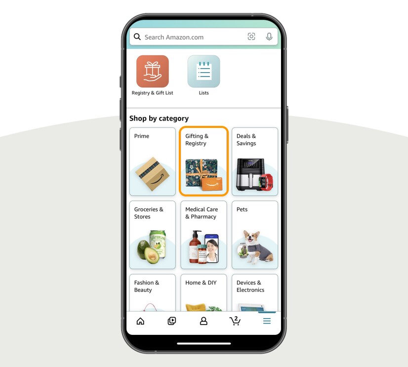 Amazon app on a phone highlighting where to find Gifting & Registry