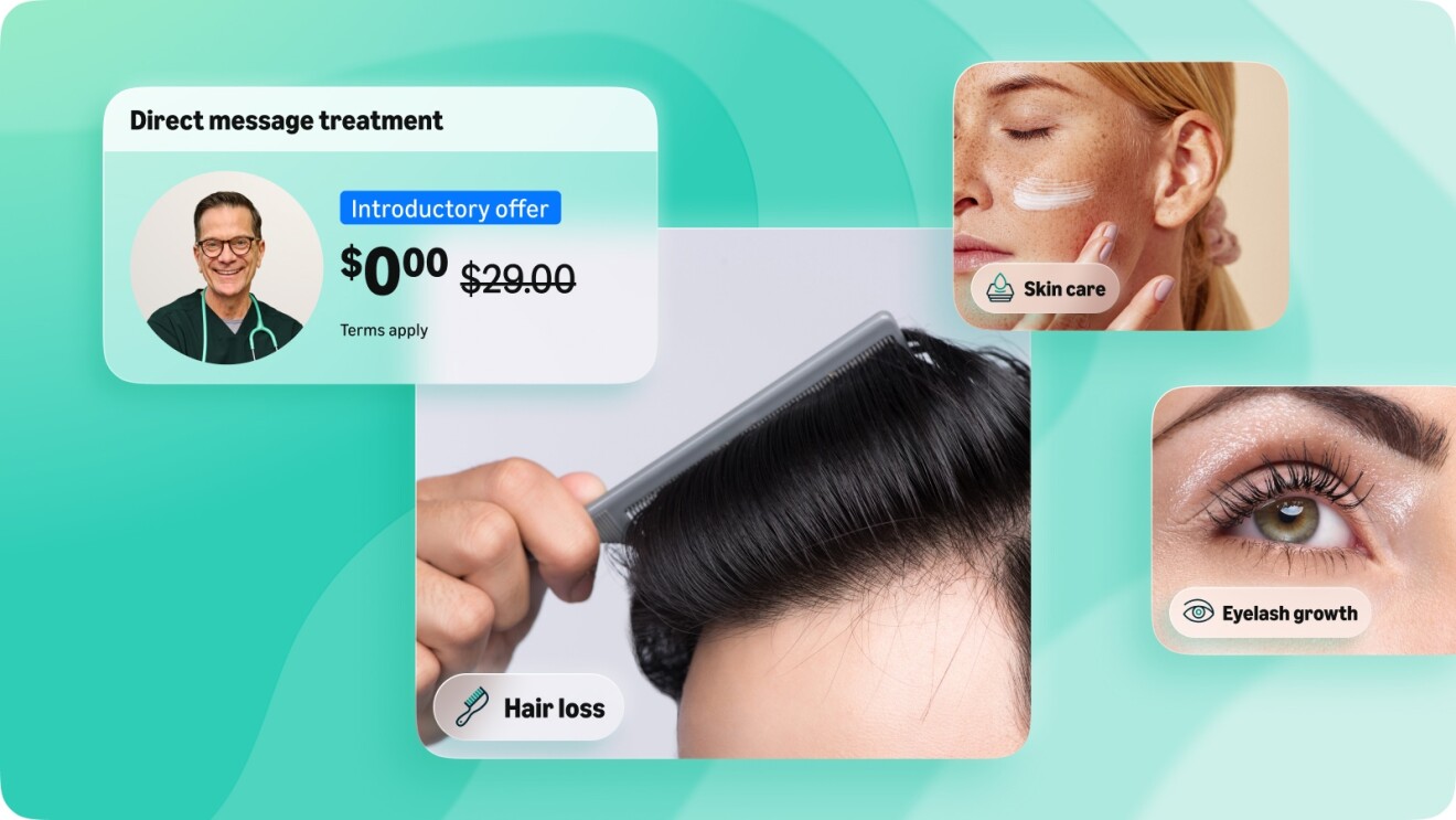 Amazon Health AI interface showcasing treatments for hair loss, skin care, and eyelash growth