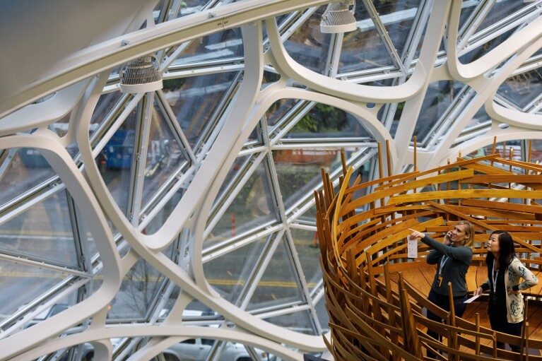 Amazon Spheres(アマゾン・スフィア)にある「Nest(鳥の巣)」に立つ2人の女性。