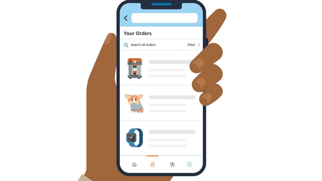 屏幕上显示亚马逊订单历史页面的手机插图。