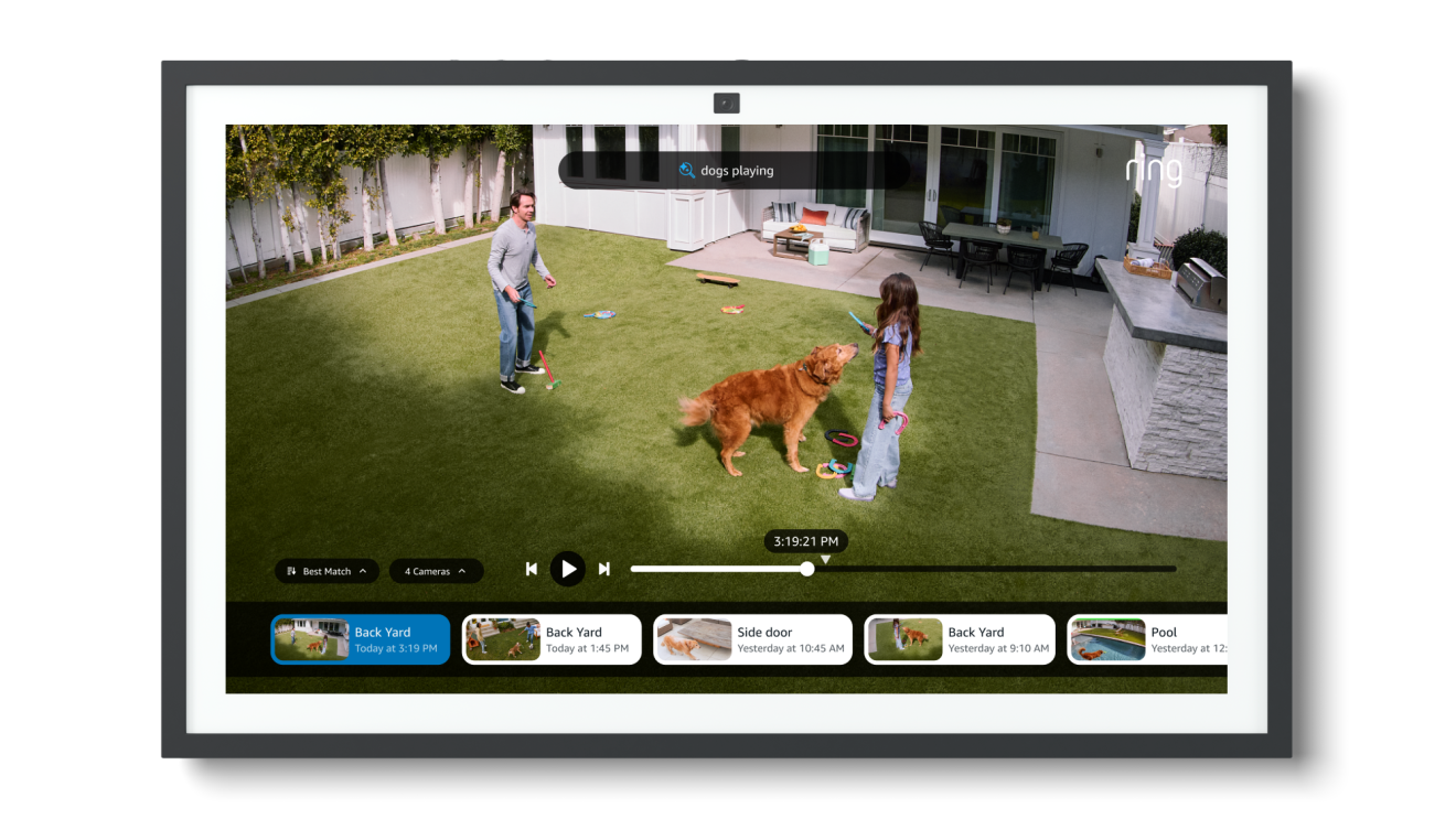 A Ring camera video of a father and daughter playing catch in the back yard on an Echo Show.