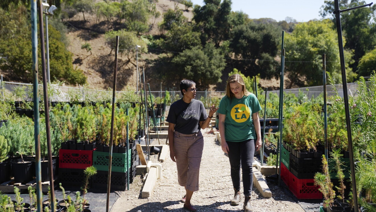 Two woman walk and talk through a community garden.