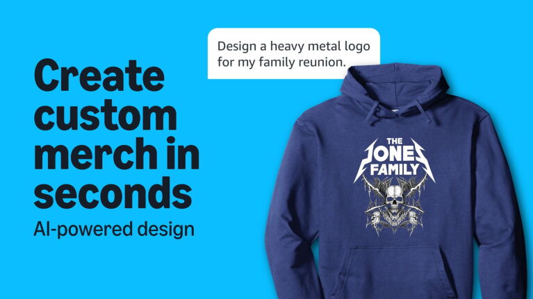 Advertisement showing AI-powered custom merchandise creation tool with example of family reunion hoodie design featuring heavy metal style logo