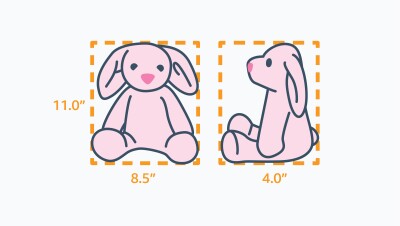 图示一个粉红色毛绒兔子的尺寸。长8.5英寸,宽4.0英寸,高11.0英寸。