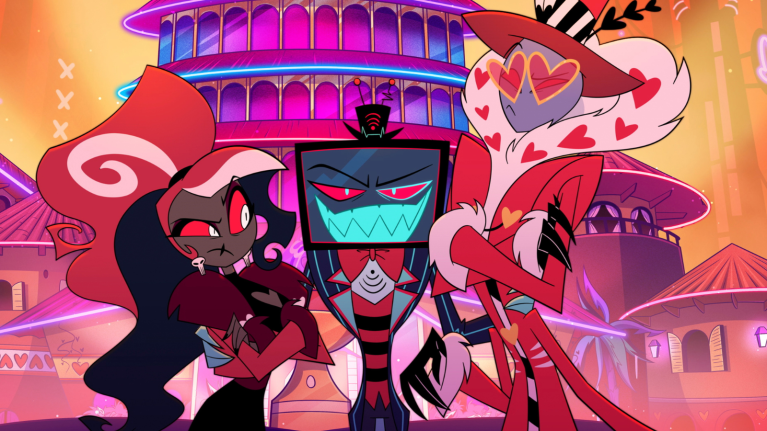 Animated characters in bright colours standing in front of tall buildings