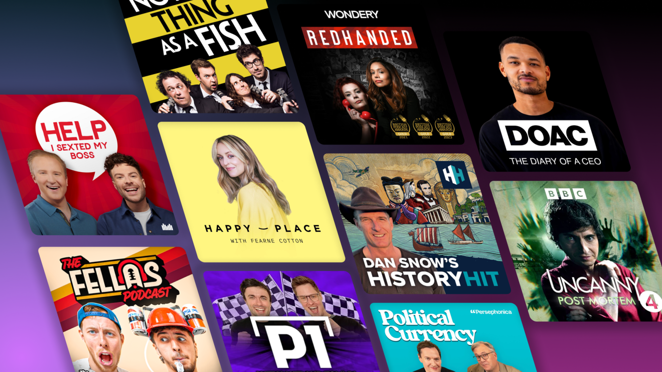 The covers of the top 10 podcasts arranged against a gradient colour background
