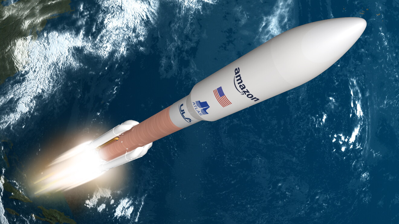 An image of a Satellite with "Amazon" and the American flag painted on the side of it launching into space with Earth in the foreground.