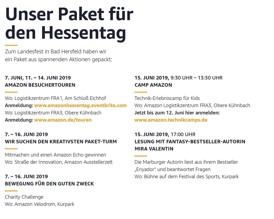 Programm von Amazon für den Hessentag mit Besuchertouren, Camp Amazon, Autorenlesung, Charity-Challenge