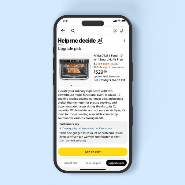 Smartphone displaying AI-assisted product recommendation for Ninja air fryer using Help Me Decide on Amazon