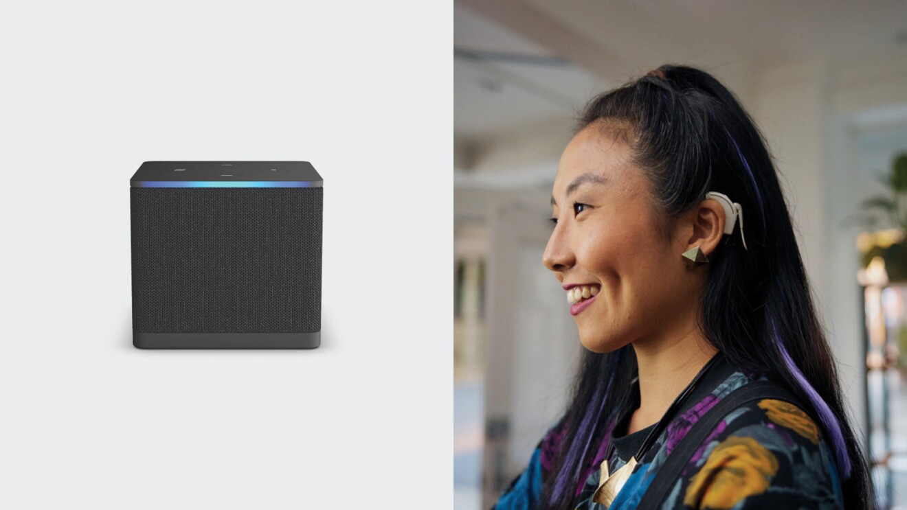 Creative graphic showing high definition render of Fire TV Cube (left) and profile of a woman smiling wearing a Cochlear implant (right).