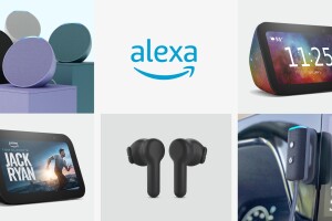 A collage of Amazon devices and the Alexa logo in the top center. 