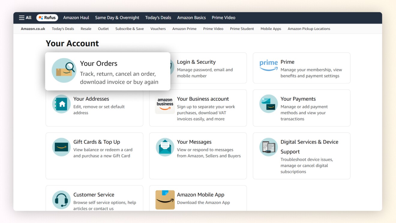 Screenshot showing Amazon account interface with 'Your Orders' highlighted