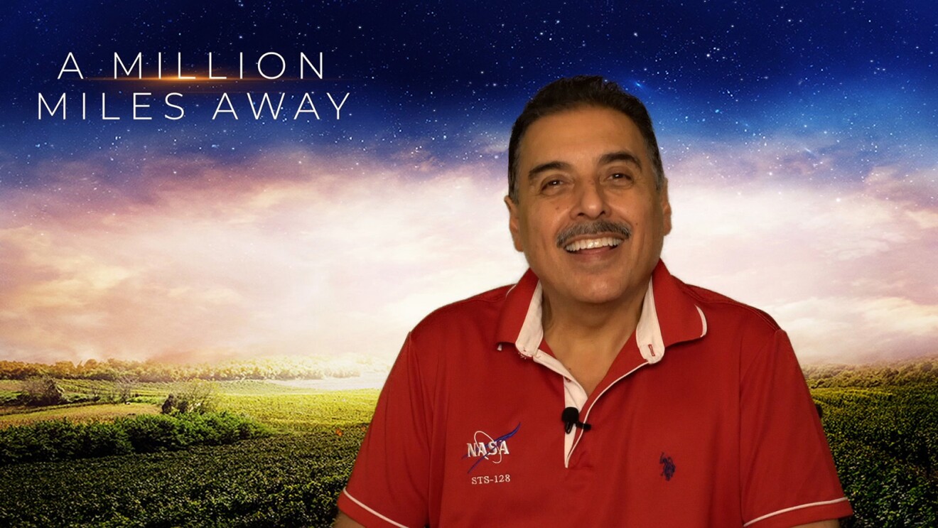 An image of astronaut Jose Hernandez with a background from Prime Video's movie "A Million Miles Away."