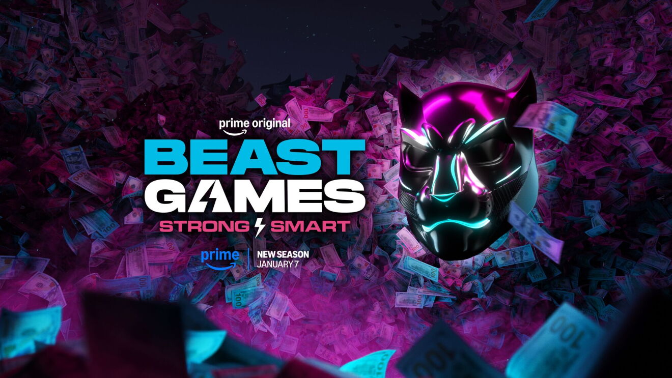 Prime Original Beast Games logo with glowing mask, surrounded by money