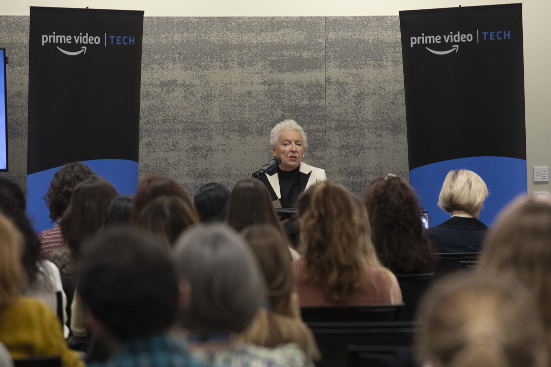 Dame Stephanie Shirley speaking to an audience at Amazon's London office