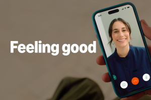 Video call with smiling woman and text that reads "feeling good just got better"