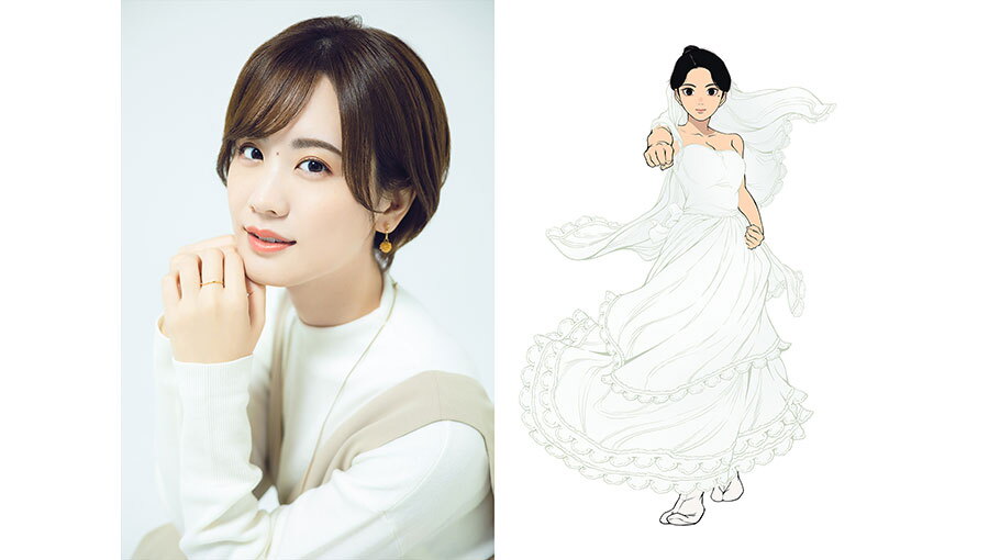左側は女性の実写プロフィール写真。右側にアニメキャラクターの全身イラスト。キャラクターはウェディングドレスと白足袋着用。