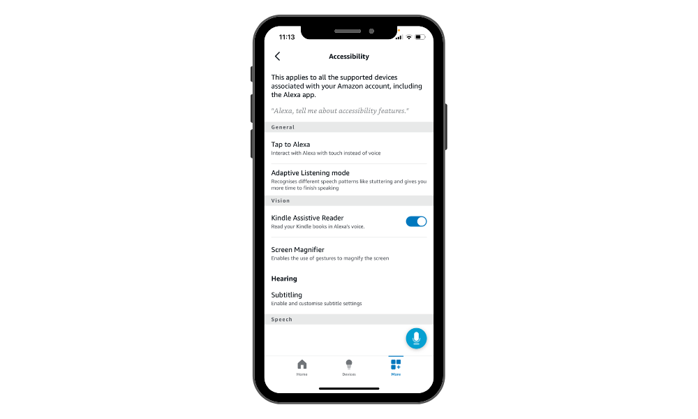A mobile phone showing the accessibility page on the Alexa app