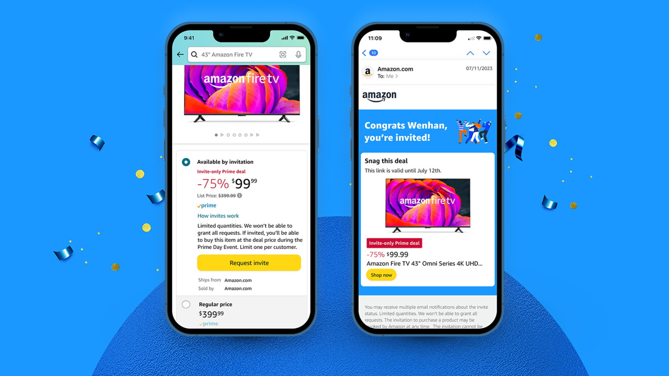 Graphic image of two phones displaying a deal on the Amazon app and over email.