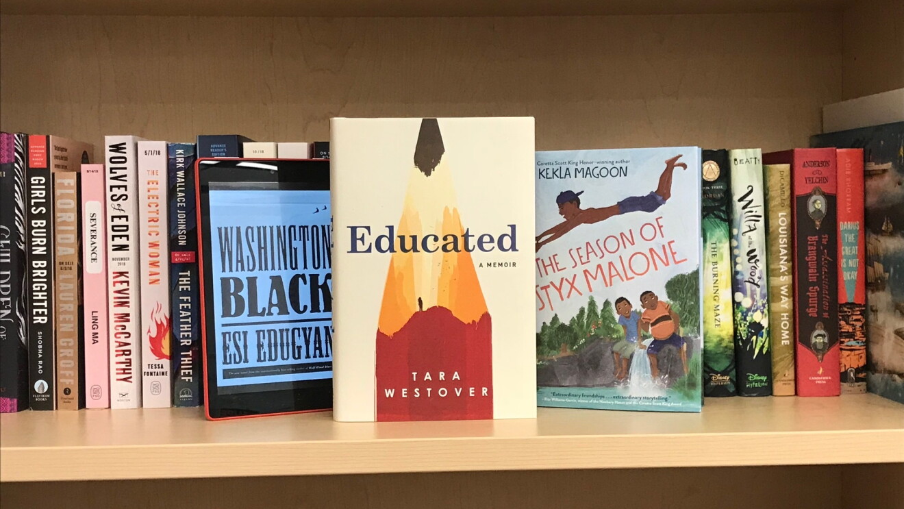 A bookshelf with dozens of books, including the best book of the year, Tara Westover's Educated: A Memoir, The Season of Styx Malone, and Washington Black.