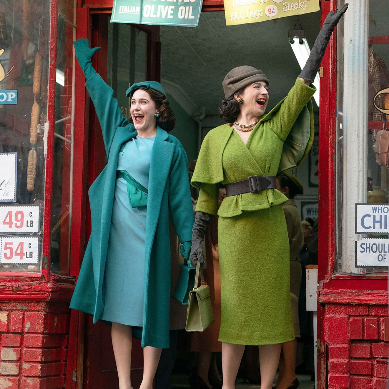 An image of Midge and her mother standing in the entryway of Lutzi's meat shop in "The Marvelous Mrs. Maisel."