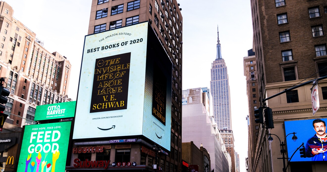 New York Square takeover of book title included Amazon's Best Books of the Year 2020 list.