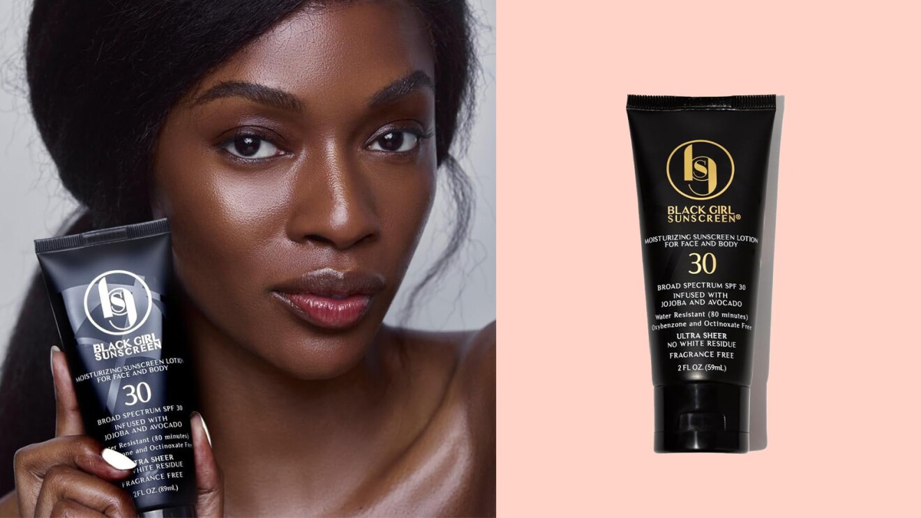 Obrázek ženy držící produkt s názvem Black Girl Sunscreen a obrázek produktu Black Girl Sunscreen s růžovým pozadím.