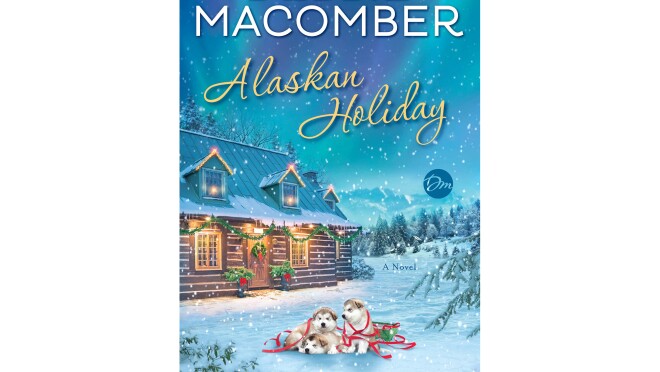 《阿拉斯加假日》这本书的封面,展示了一间温馨的小屋,小屋前有喜庆的灯光,三只哈士奇坐在一起,依偎在雪毯上。雪花轻轻地落在家和狗的周围。