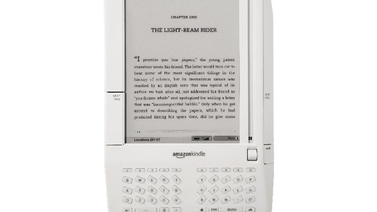An image of the original Amazon Kindle in white.